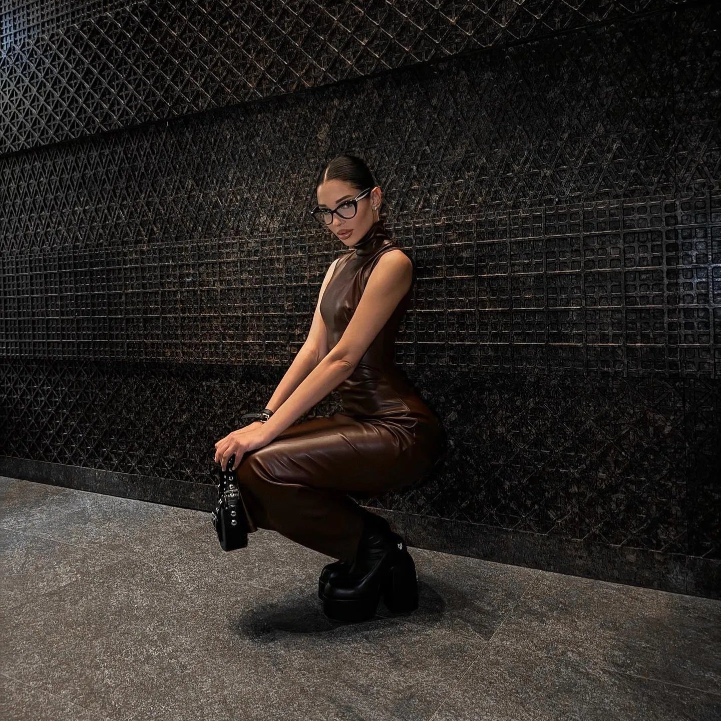 brown sleeveless faux leather long dress, night-out style