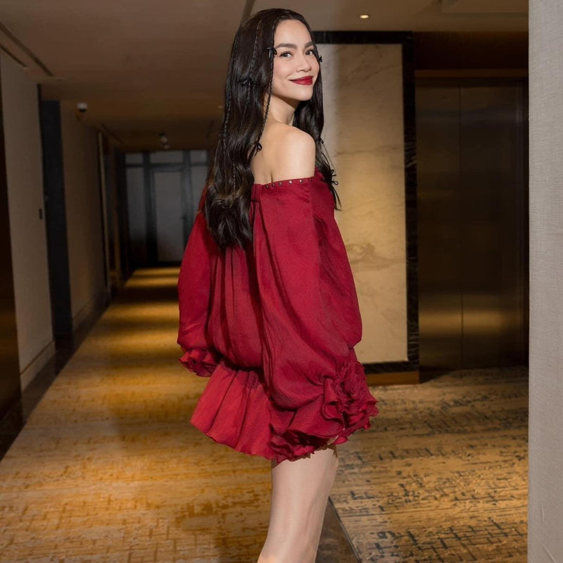 red off the shoulder lace dress Chic Mini Color:Yellow Check Chapel Train Neckline LowStock:41557741174835 Floral Embroidered Dress -