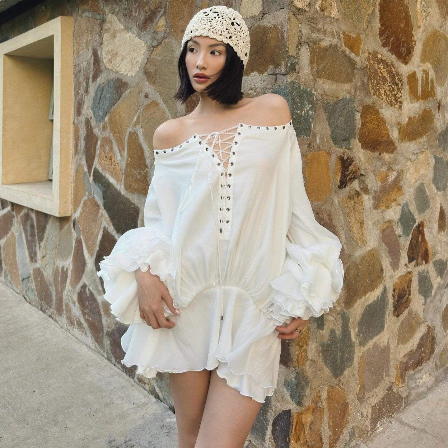 Tiffany Off Shoulder Lace Up Mini Dress - Ivory / S - Mermaid Way