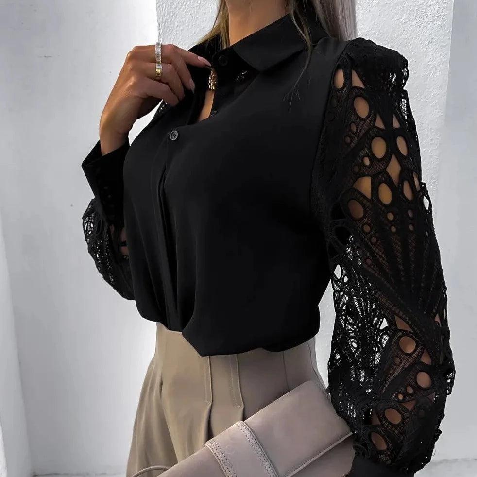 black crochet sleeve blouse with button-down detail, elegant chic style
