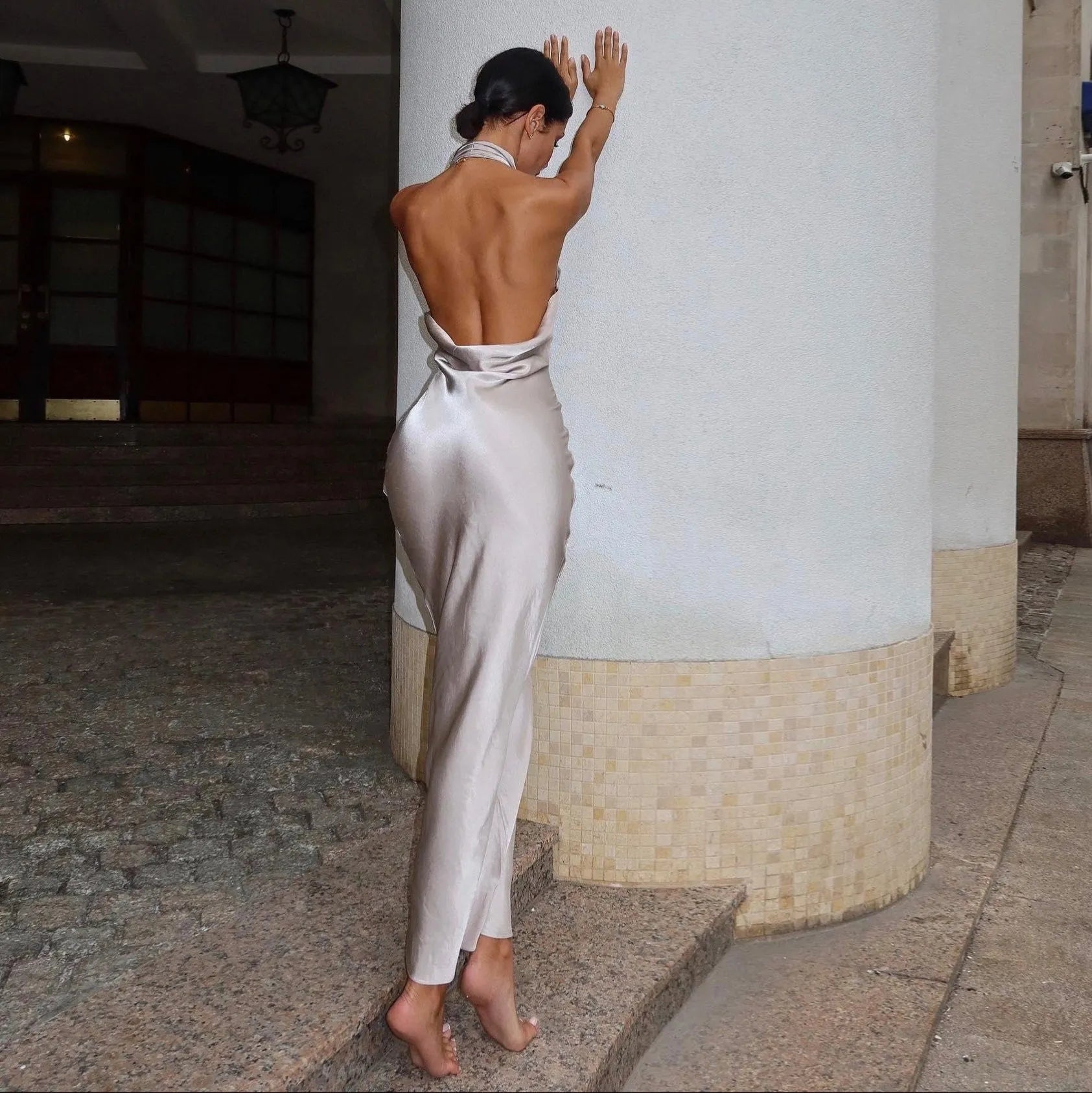 backless satin maxi dress, evening wear