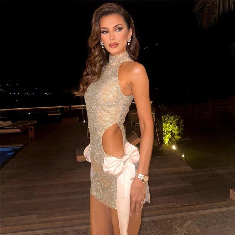 Tonight's Mystery Bow Cut Out Glitter Mini Dress - Champagne / S - Mermaid Way