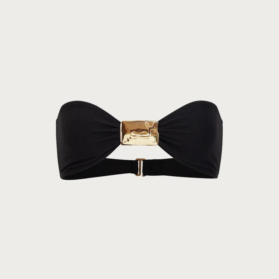 Black bandeau top with gold accent.