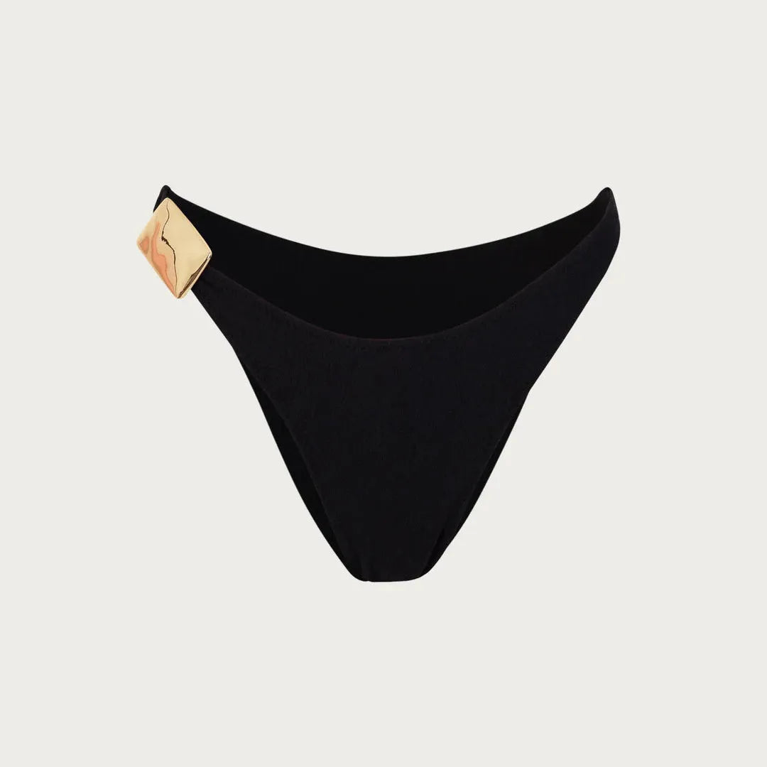 black bikini bottom with gold-tone square detail