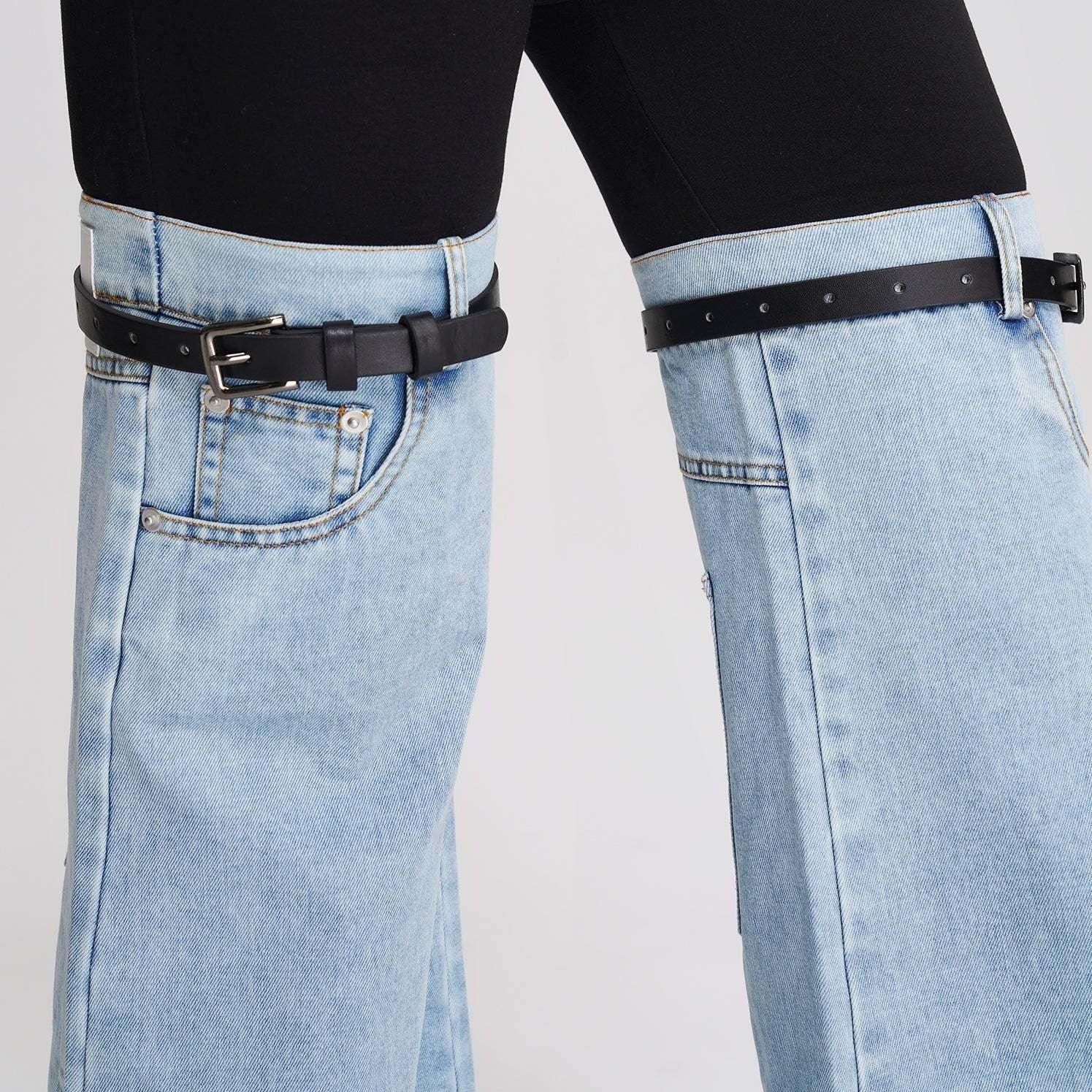 denim leg warmers with black belt straps
