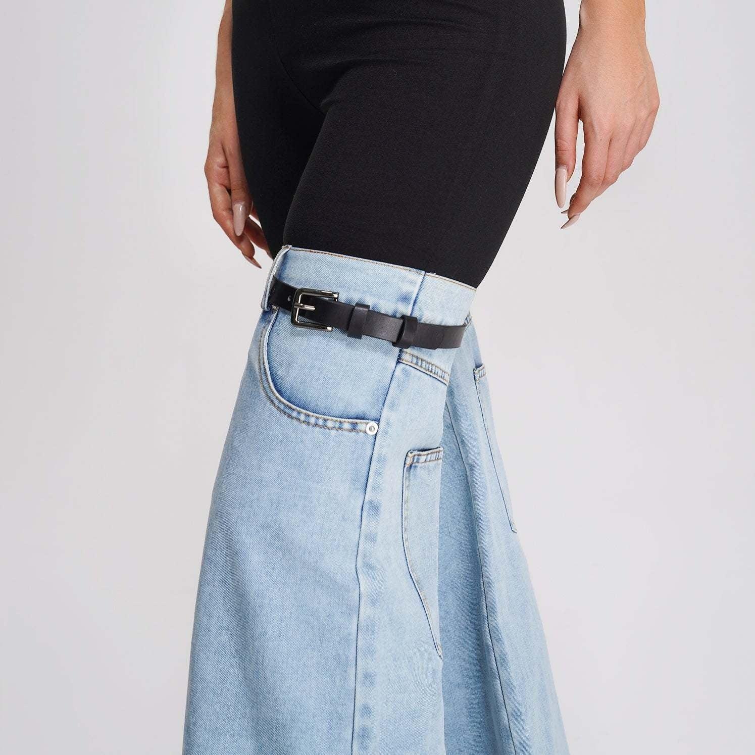 denim maxi skirt with black belt