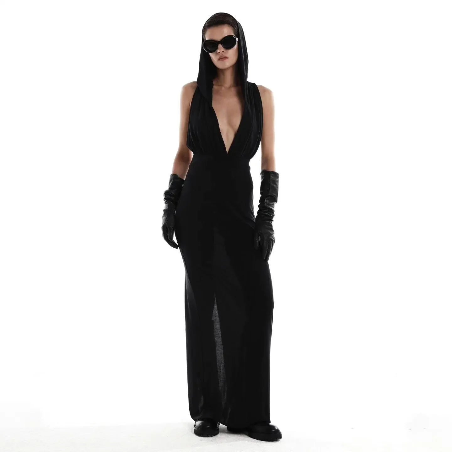 black hooded maxi dress with plunging neckline, evening look