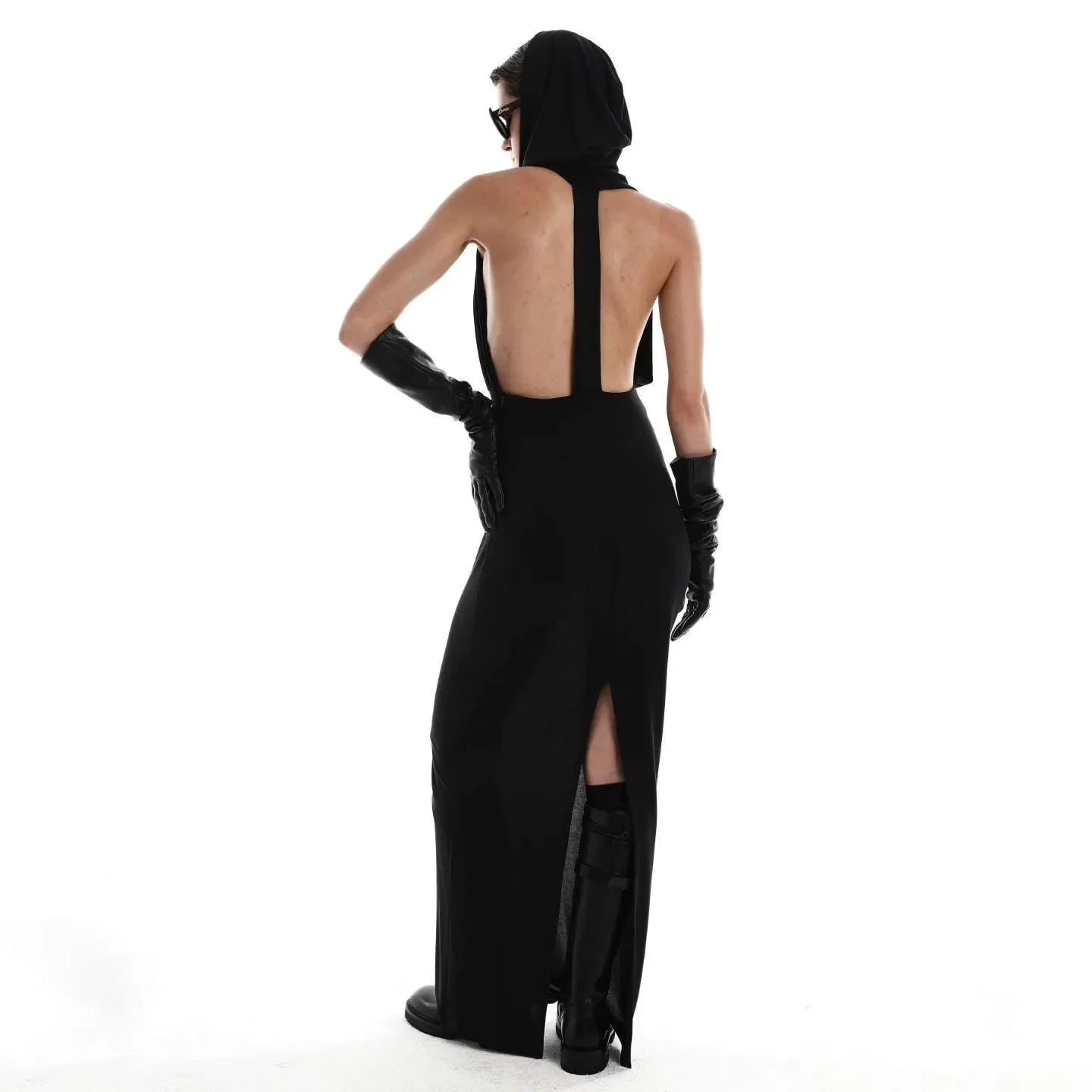 backless hooded maxi dress with high slit, evening wear