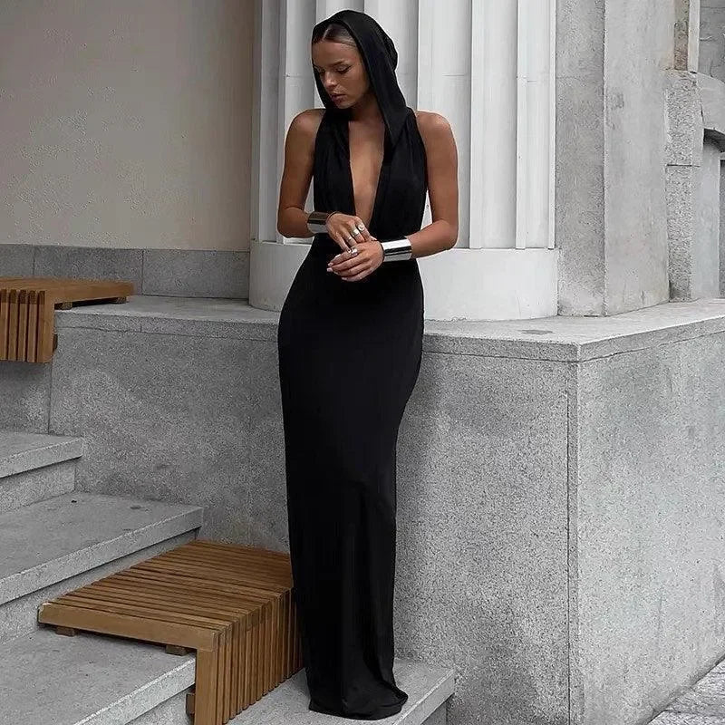 Utopia Hooded Backless Maxi Dress - Sleek Black Statement Utopia Hooded Backless Maxi Dress - Sleek Black Statement
