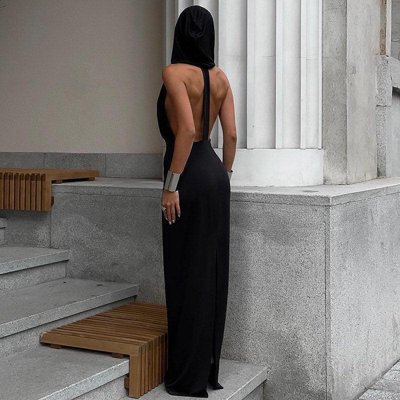 Utopia Hooded Backless Maxi Dress - Black / S - Mermaid Way