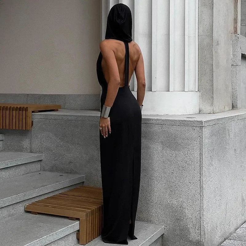 backless black maxi dress with hood, evening wear