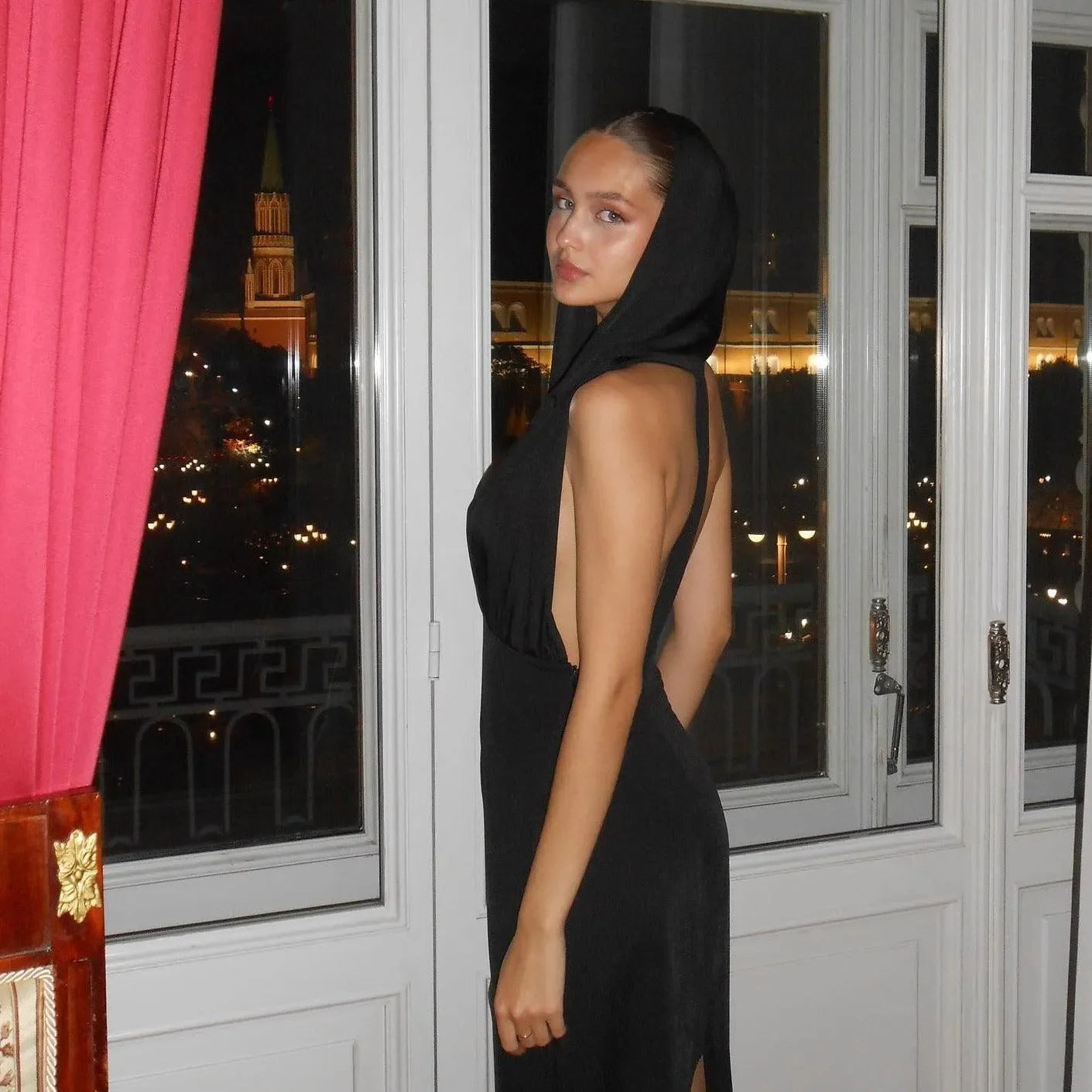 black backless hooded gown, evening look