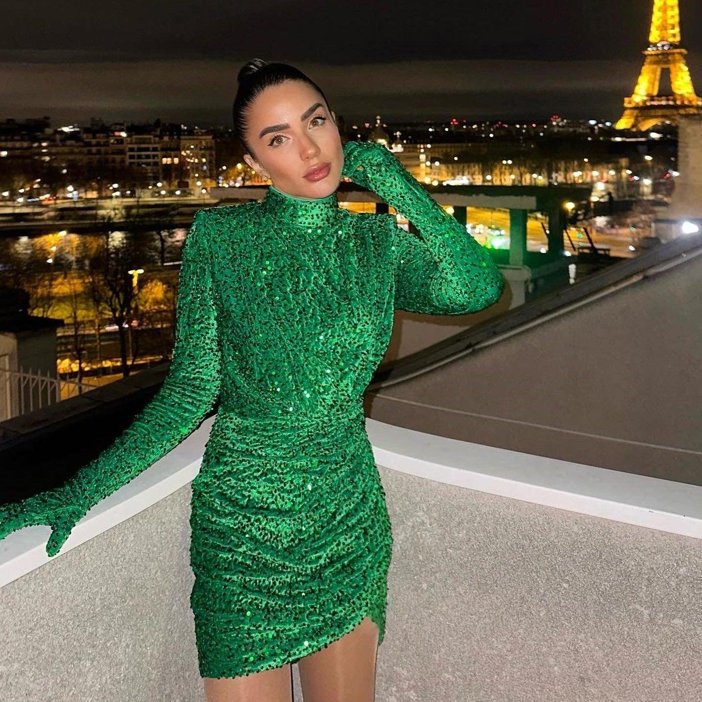 Velvet Hugs Sequin Gloves Mini Dress - Green / XS - Mermaid Way