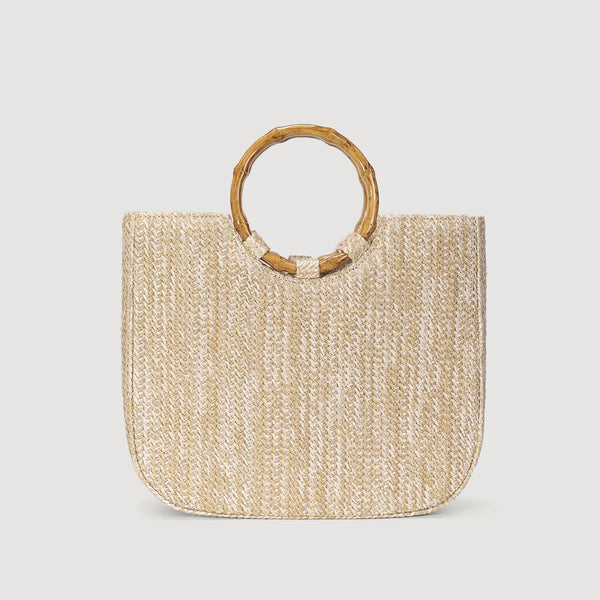 Woven straw bag with circular bamboo handles, casual summer accessory