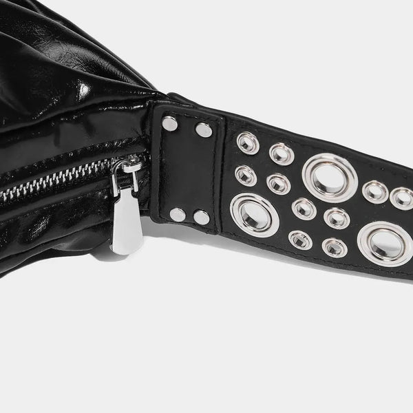 black faux leather belt bag with grommet detailing