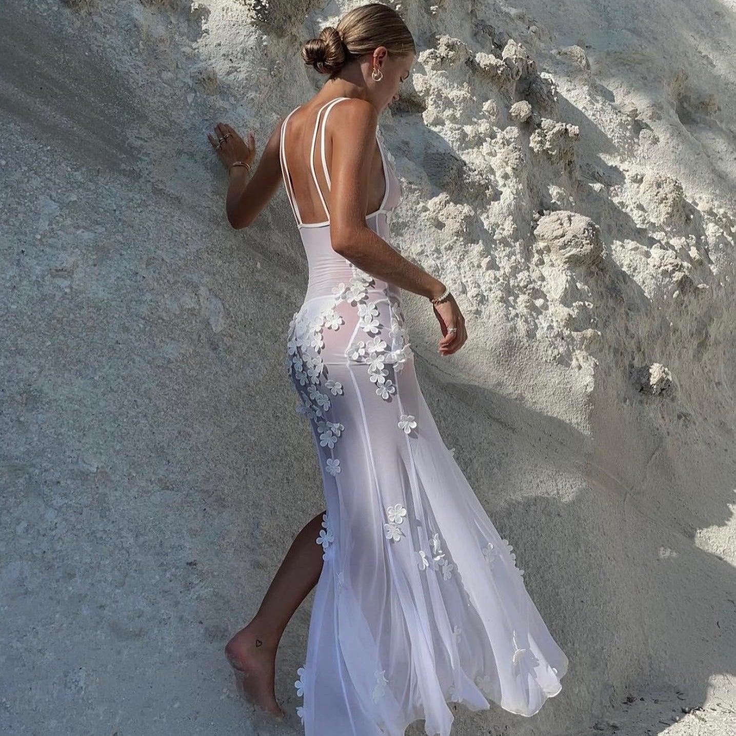 White Blossom Mesh Maxi Dress - Soft, Sheer, Floral Detail White Blossom Mesh Maxi Dress - Soft, Sheer, Floral Detail