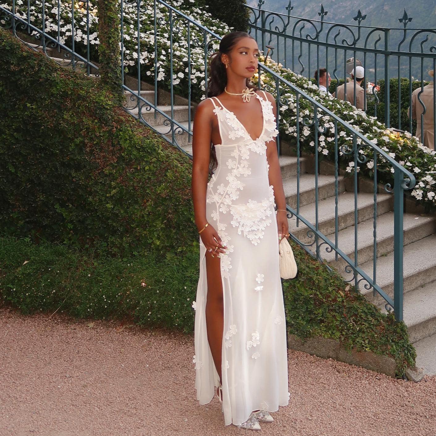 White Blossom Mesh Maxi Dress - Soft, Sheer, Floral Detail White Blossom Mesh Maxi Dress - Soft, Sheer, Floral Detail