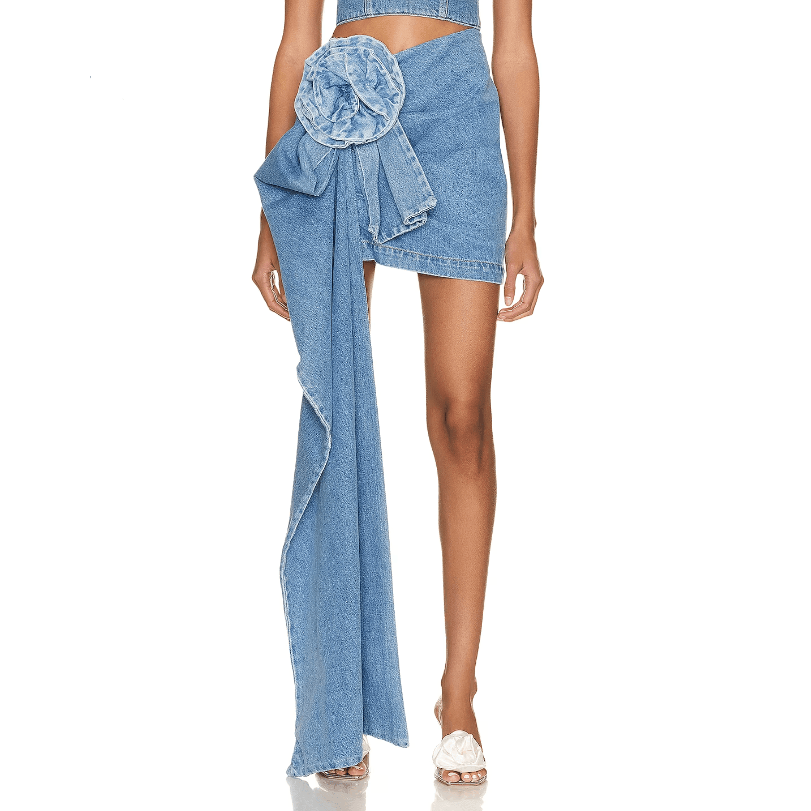 denim mini skirt with exaggerated side ruffle, statement piece