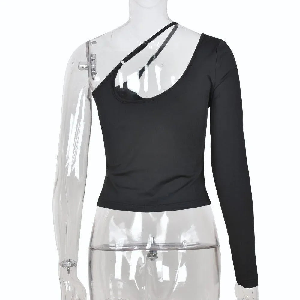 asymmetrical one-shoulder long-sleeve top, evening look