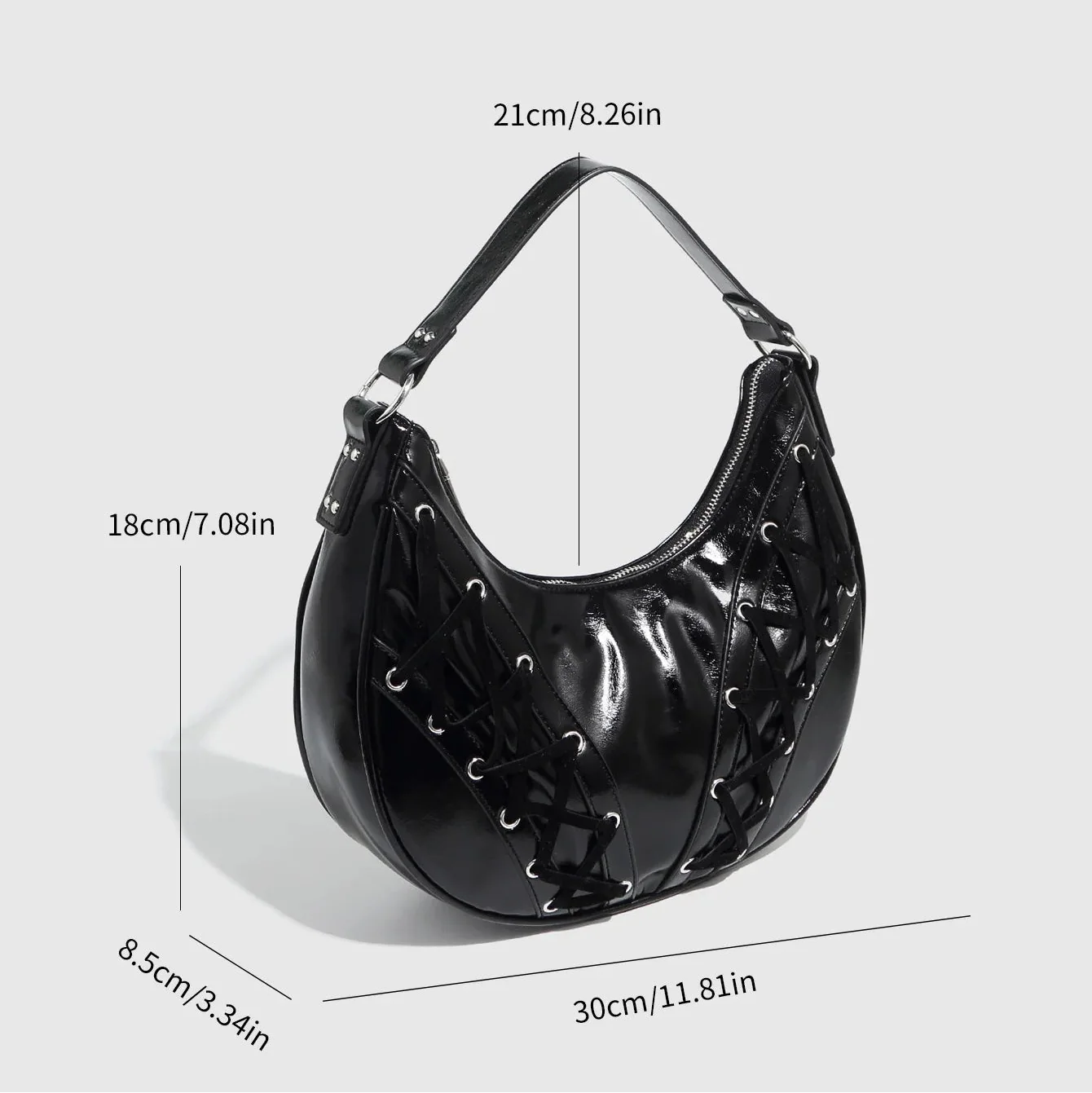 black patent leather bag with lace-up detail