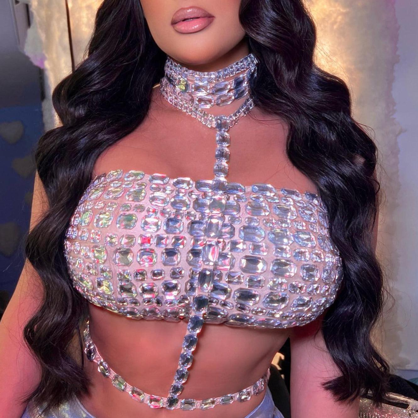 Clear crystal halter crop top with a flattering fitted bodice and dazzling chain details, perfect for a night out.