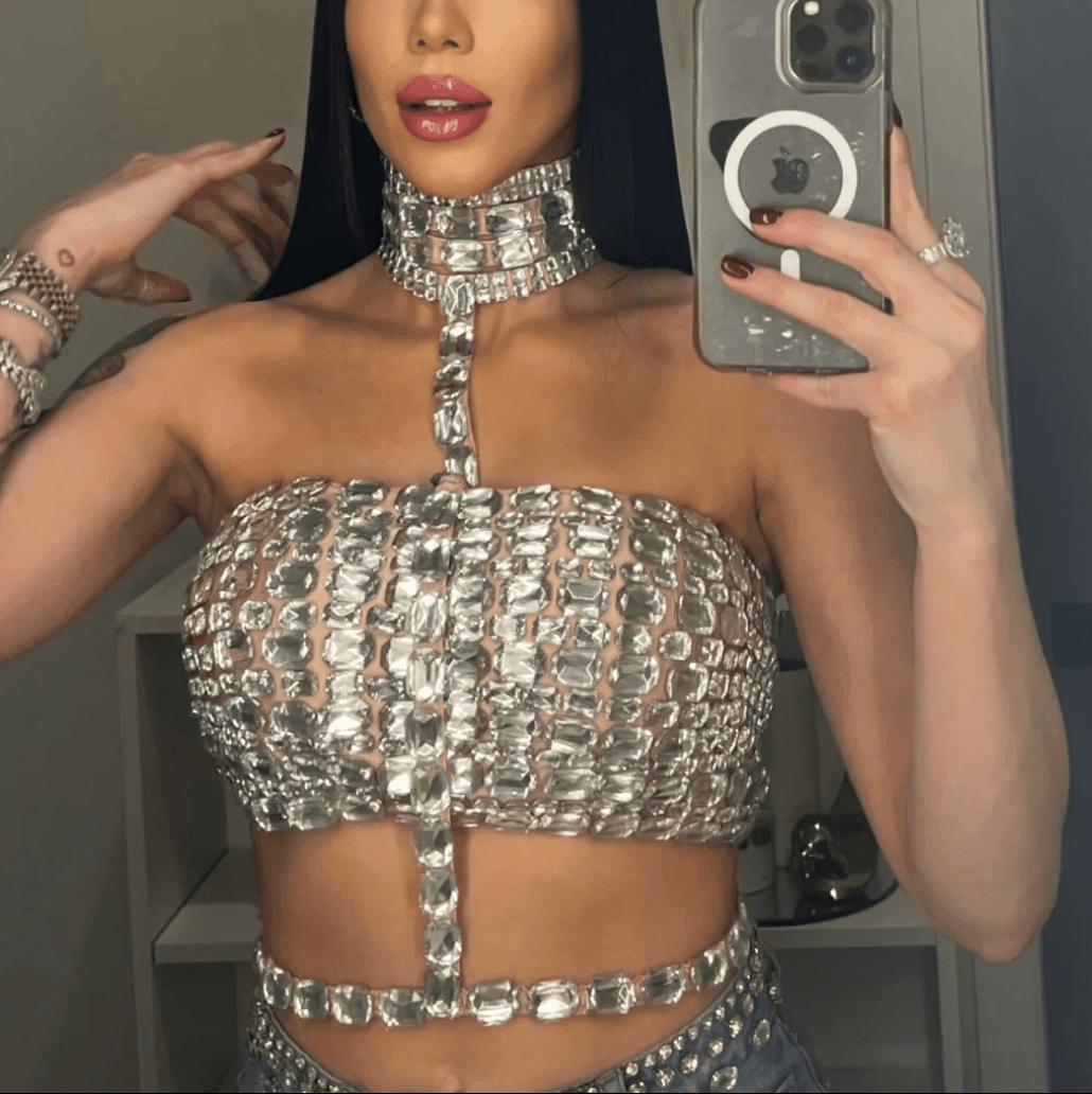 crystal-embellished crop top with matching neck choker, party outfit