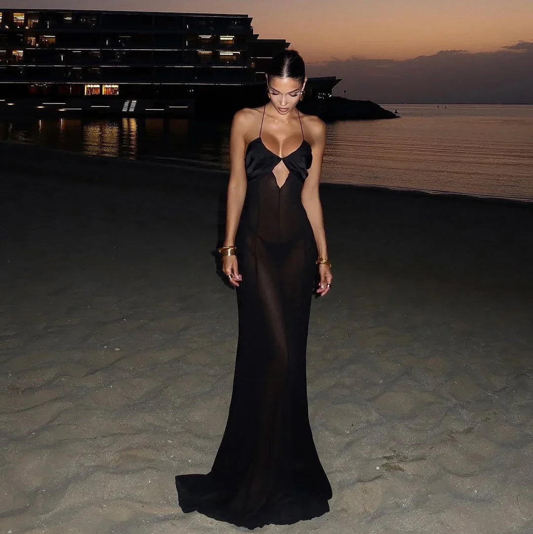 Zuma Mesh Cutout Lace Up Maxi Dress - Black / S - Mermaid Way