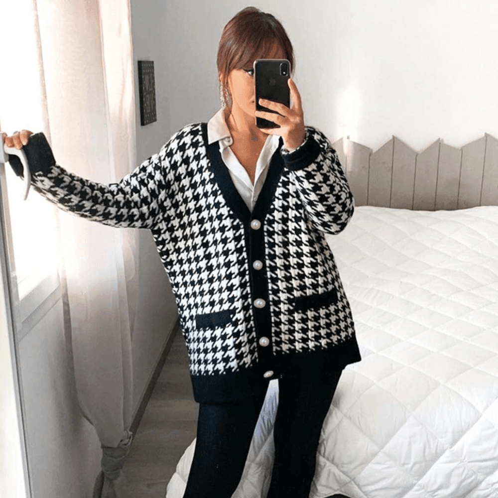 Killa Houndstooth Pattern Button Cardigan - Shirts & Tops - Mermaid Way