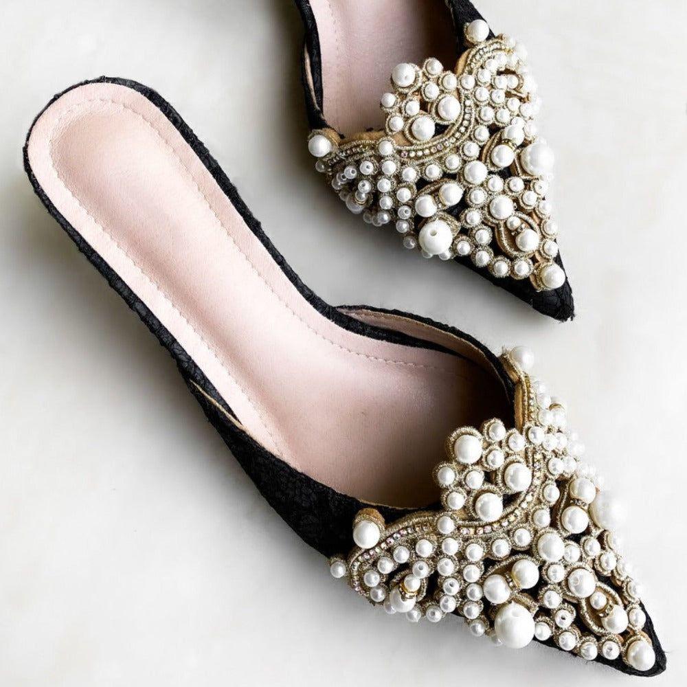 White Pearl Jeweled Lace Satin Heels - Shoes - Mermaid Way