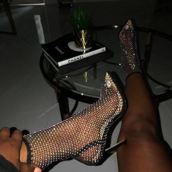 Glimmer Rhinestone Mesh Heel Boots - Shoes - Mermaid Way