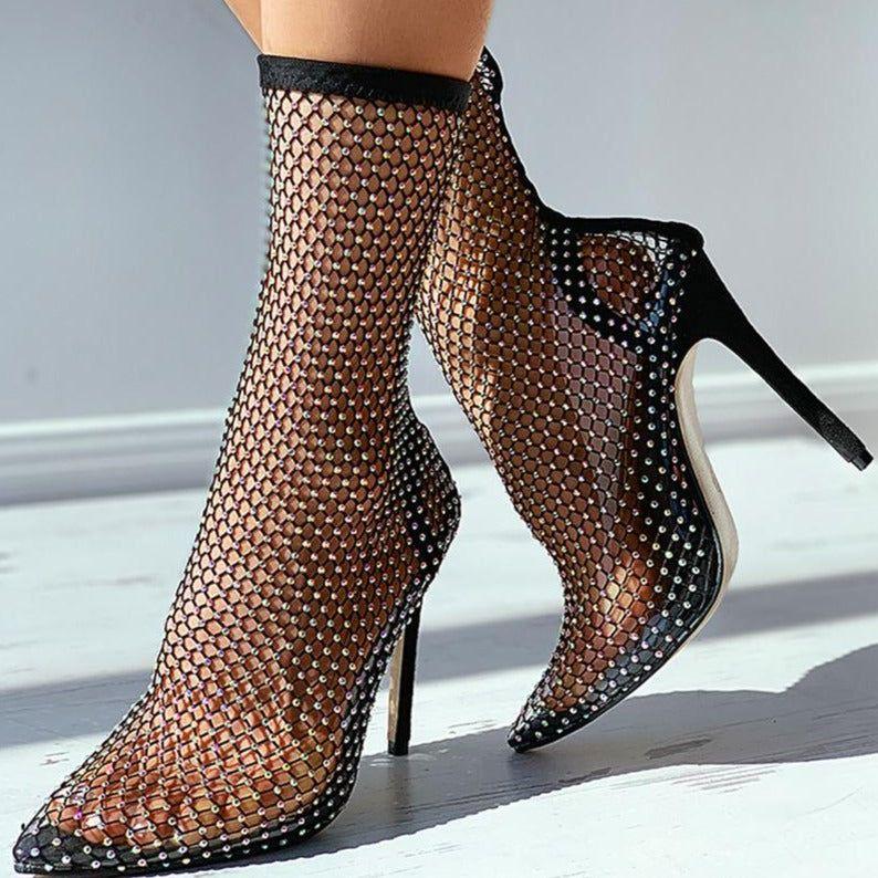 Glimmer Rhinestone Mesh Heel Boots - Shoes - Mermaid Way