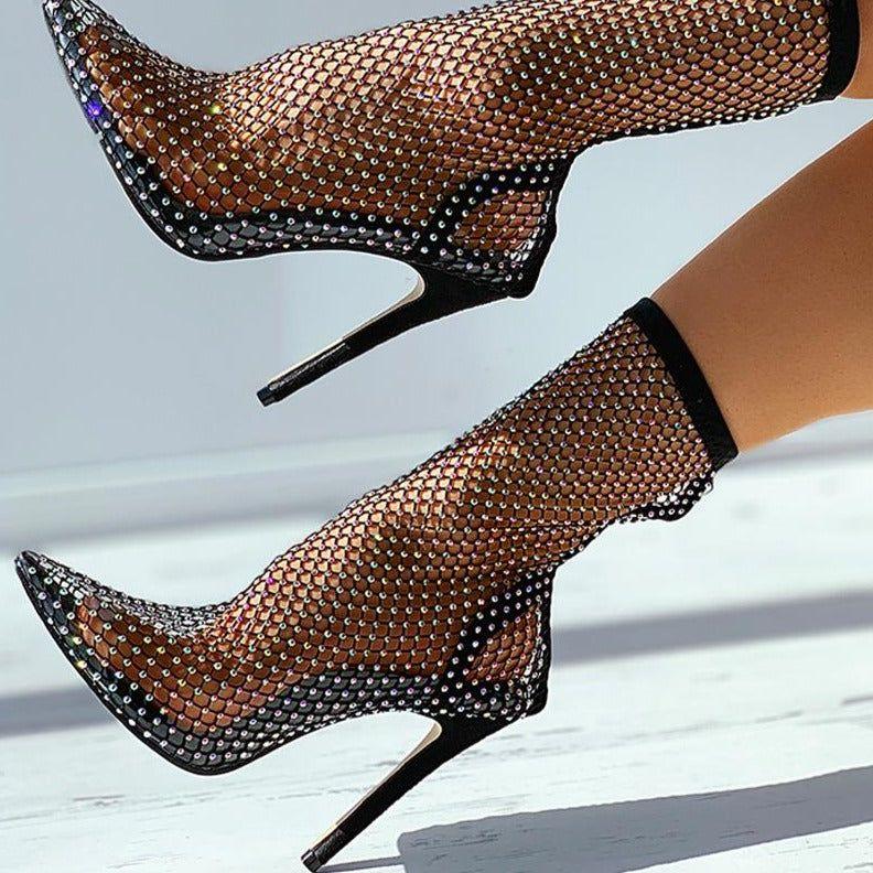 Glimmer Rhinestone Mesh Heel Boots - Shoes - Mermaid Way