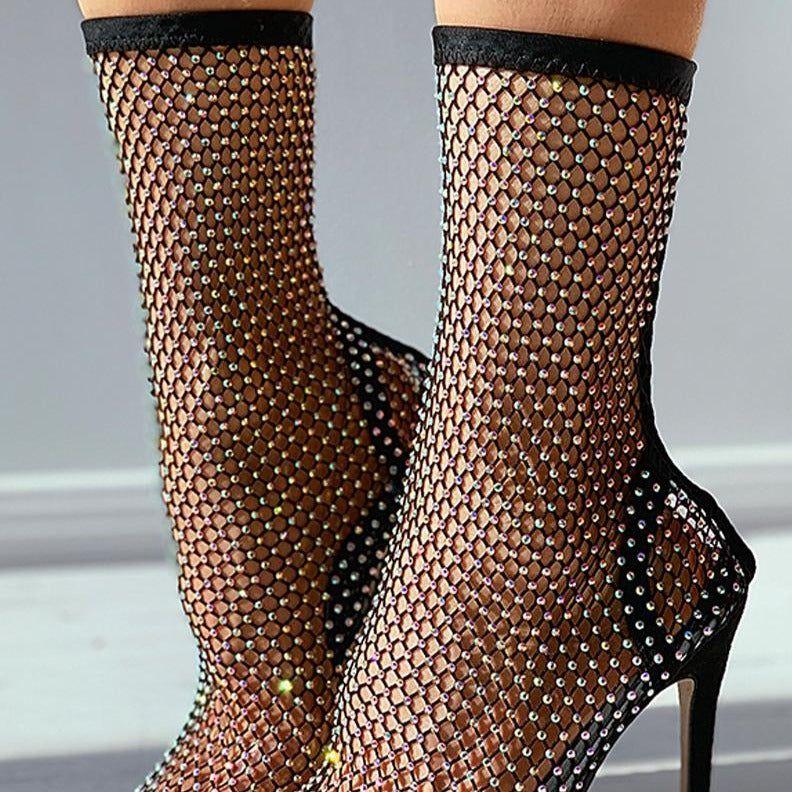 Glimmer Rhinestone Mesh Heel Boots - Shoes - Mermaid Way