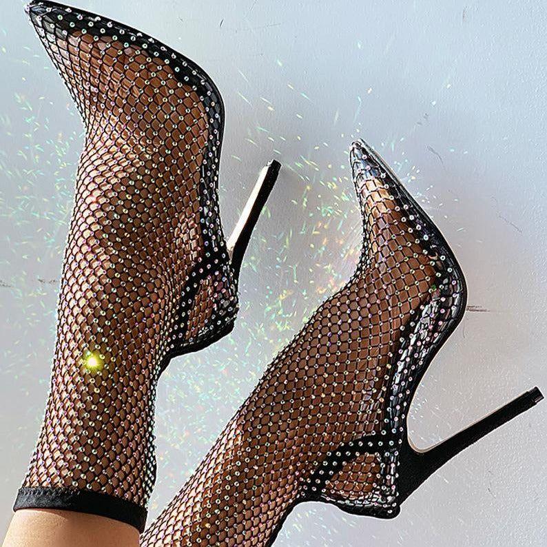 Glimmer Rhinestone Mesh Heel Boots - Shoes - Mermaid Way