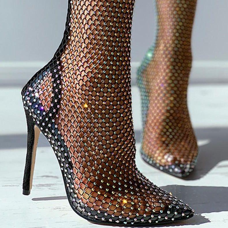 Glimmer Rhinestone Mesh Heel Boots - Shoes - Mermaid Way