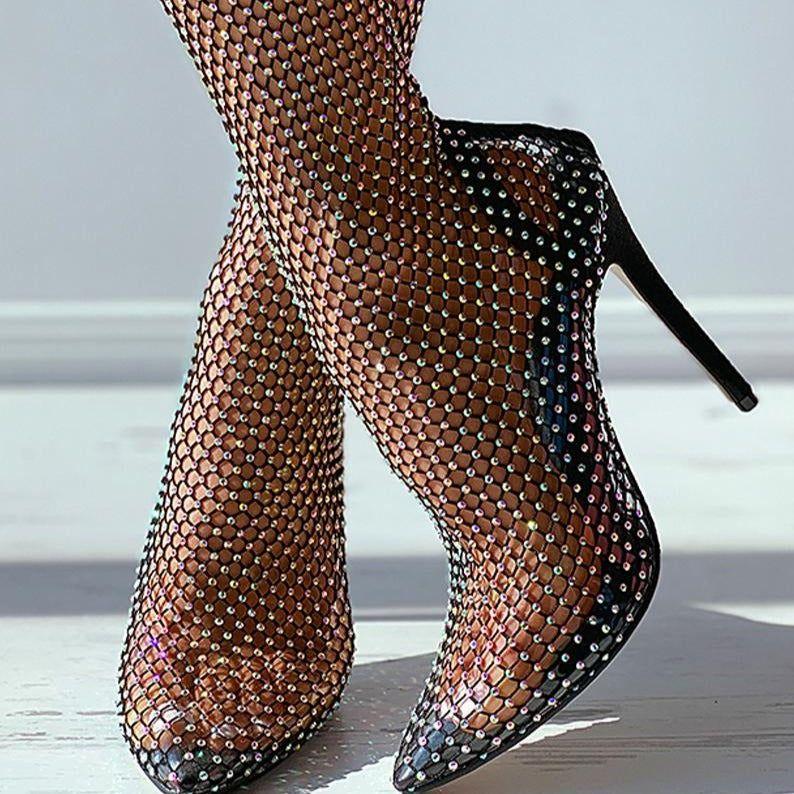 Glimmer Rhinestone Mesh Heel Boots - Shoes - Mermaid Way