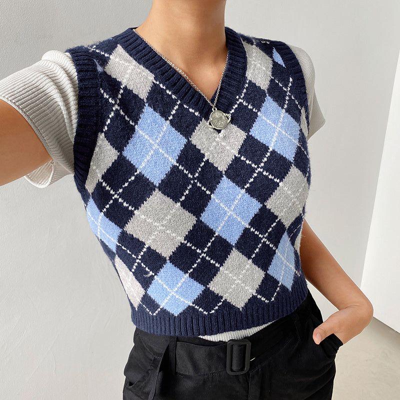 Silvia Knitted Plaid Crop Vest - Vests - Mermaid Way