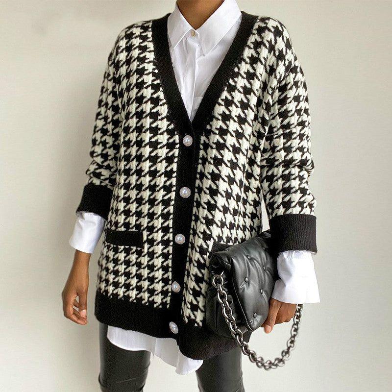 Killa Houndstooth Pattern Button Cardigan - Shirts & Tops - Mermaid Way