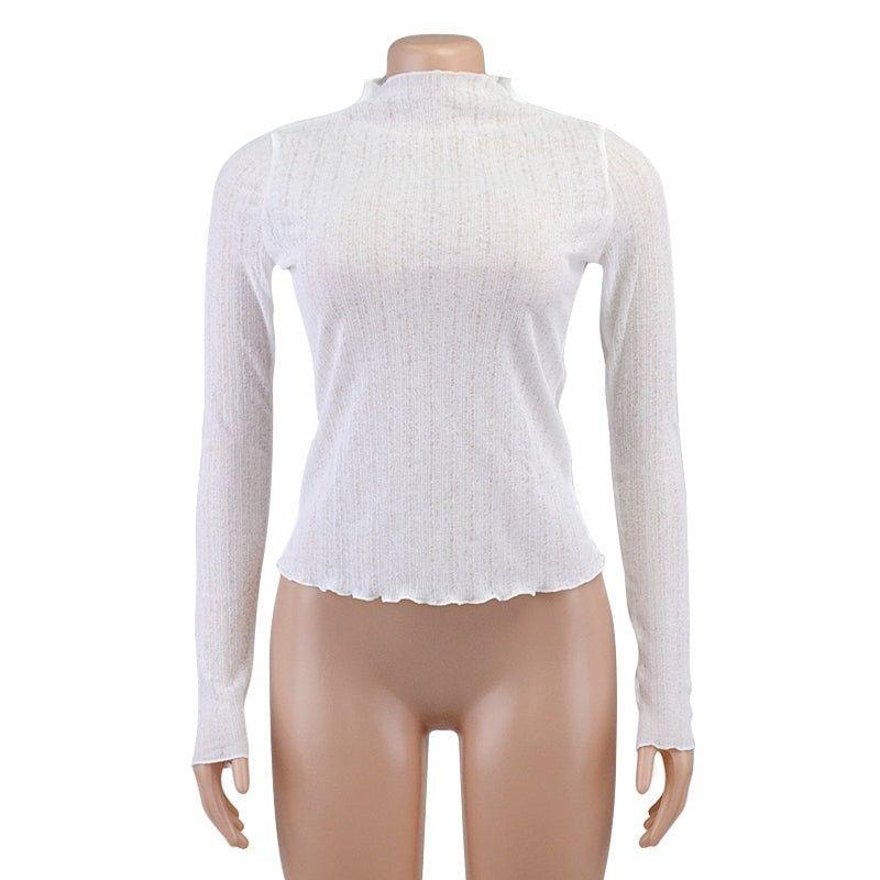 Presley Sheer Mesh Mock Neck Frill Hem Top - Shirts & Tops - Mermaid Way