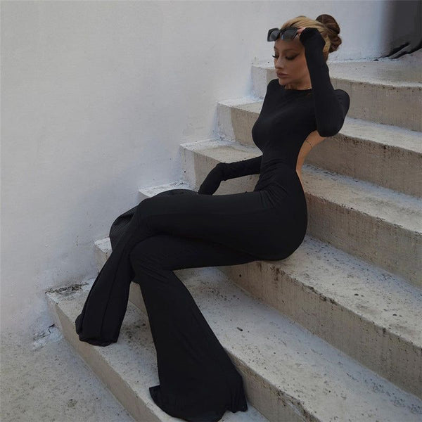 Yummy Mummy Backless Long Sleeve Flare Leg Jumpsuit - Jumpsuits & Rompers - Mermaid Way