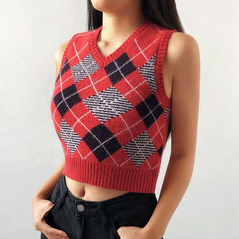 Silvia Knitted Plaid Crop Vest - Vests - Mermaid Way