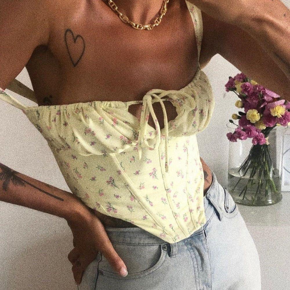 Sunflower Floral Print Corset Bustier Crop Top - Shirts & Tops - Mermaid Way