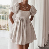 Tampa Puff Sleeve High Waist Linen Mini Dress - Dresses - Mermaid Way
