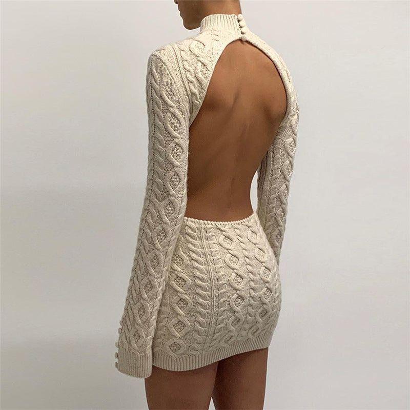 Buttermilk Knitted Long Sleeve Backless Mini Dress - Dresses - Mermaid Way