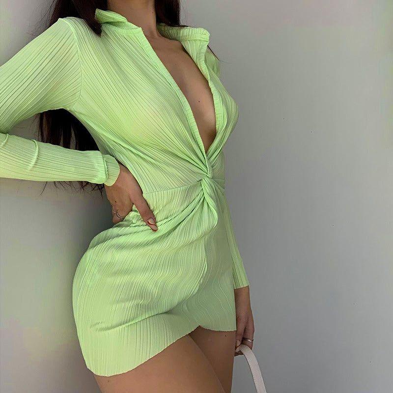 Palm Ribbed Deep V Twist Long Sleeves Mini Dress - Dresses - Mermaid Way