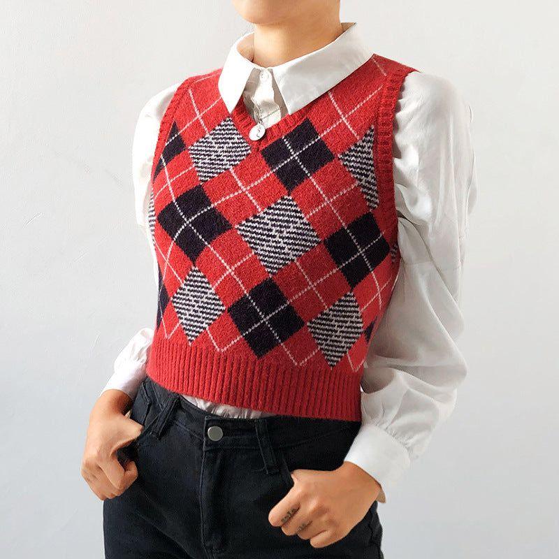 Silvia Knitted Plaid Crop Vest - Vests - Mermaid Way