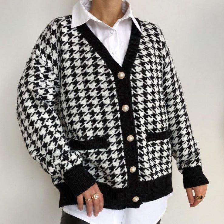 Mermaid Way Killa Houndstooth Pattern Button Cardigan - Black & White / S