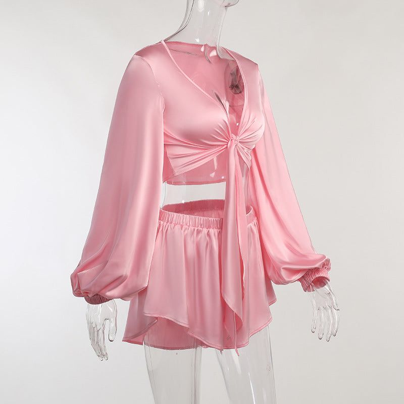 Pretty In Pink Satin Tie Up Crop Top & Shorts Set - Outfit Sets - Mermaid Way