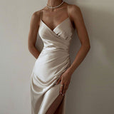 Lovely Lady Ruched Satin Midi Dress - Dresses - Mermaid Way