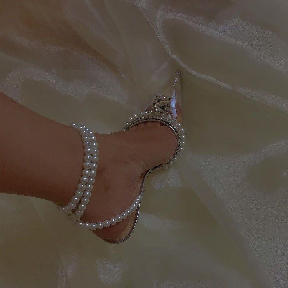 Admired Pearl Strap Crystal Heels - Clear / 4 - Mermaid Way